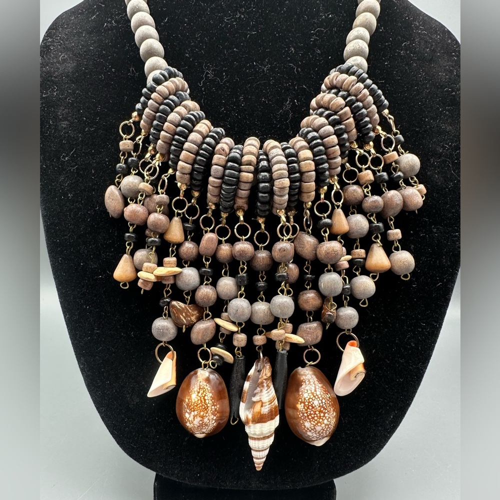 VTG Wood & Shell Beaded Boho Bib Statement Necklace ~21.5” Festival Beachy - Picture 3 of 9